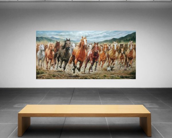 Contemporary Painting. Title: Thunder Spirits, Original Acrylic 40x80 inches by Stephen Cheng. Galloping Horses.