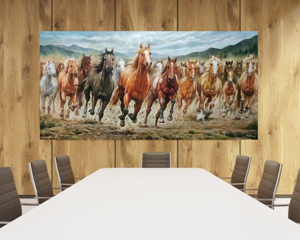 Painting on the office wall. Title: Thunder Spirits, Original Acrylic 40x80 inches by Stephen Cheng. Galloping Horses.