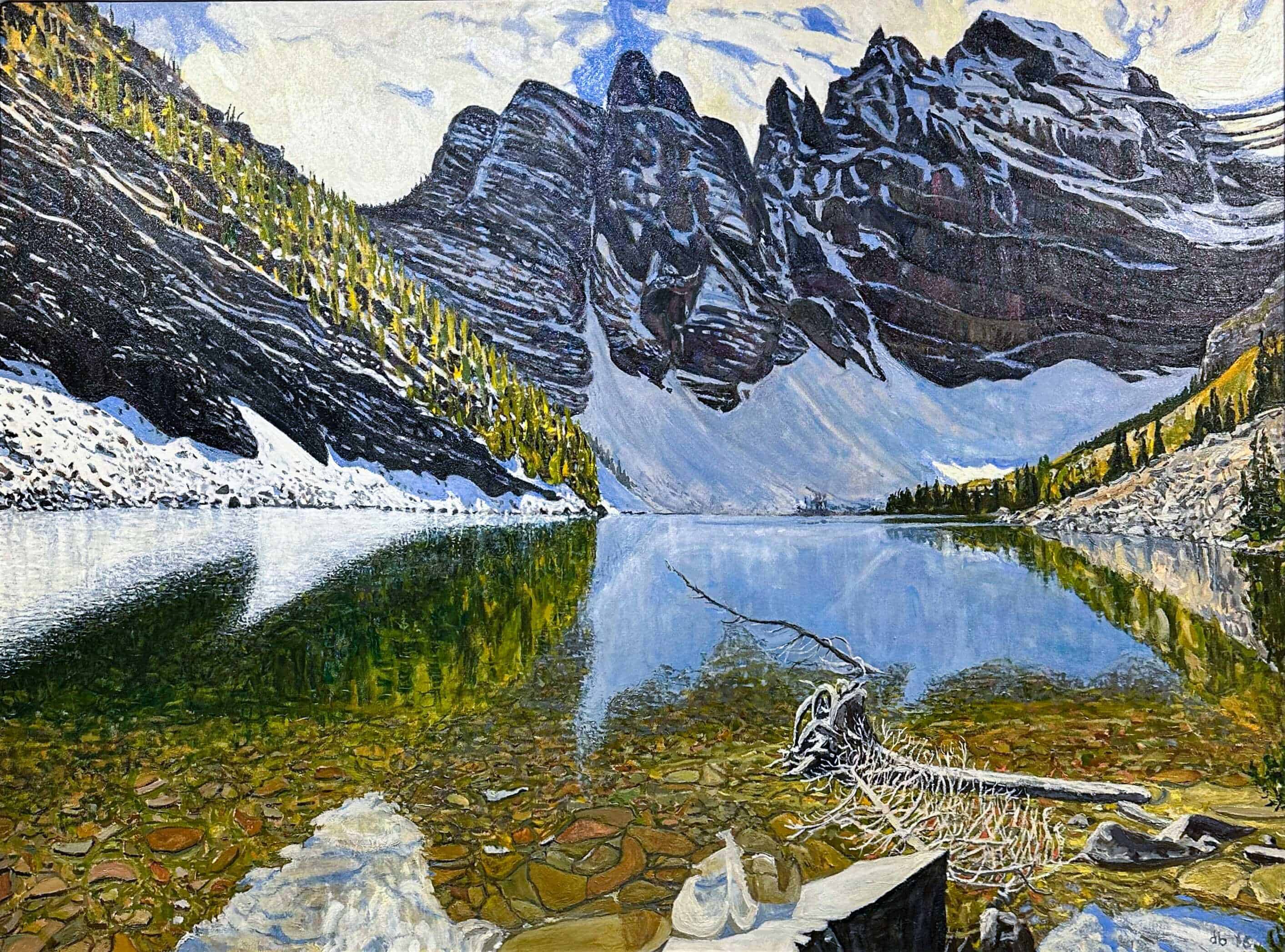 Contemporary Landscape Art. Title: Lake Agnes, Oil on Canvas, 36 x 48 in by Canadian Artist Dennis Brown.