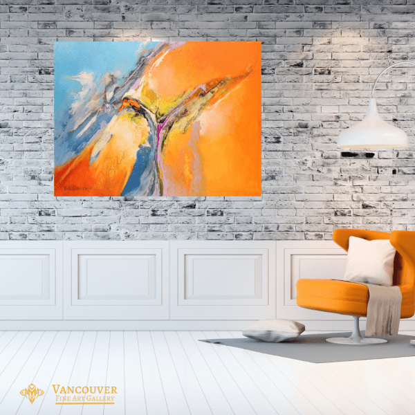 Abstract Painting. Title: Dreamland, Original Acrylic 36x48 inches by artist Valeri Sokolovski. Blue and orange colours painting.
