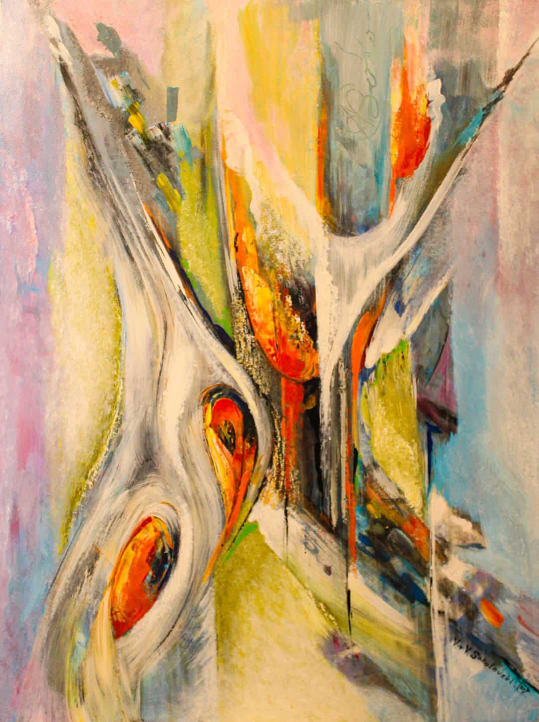 Abstract Art. Title: Dewdrop, Acrylic on Canvas, 48 x36 in by Canadian Artist Valeri Sokolovski.