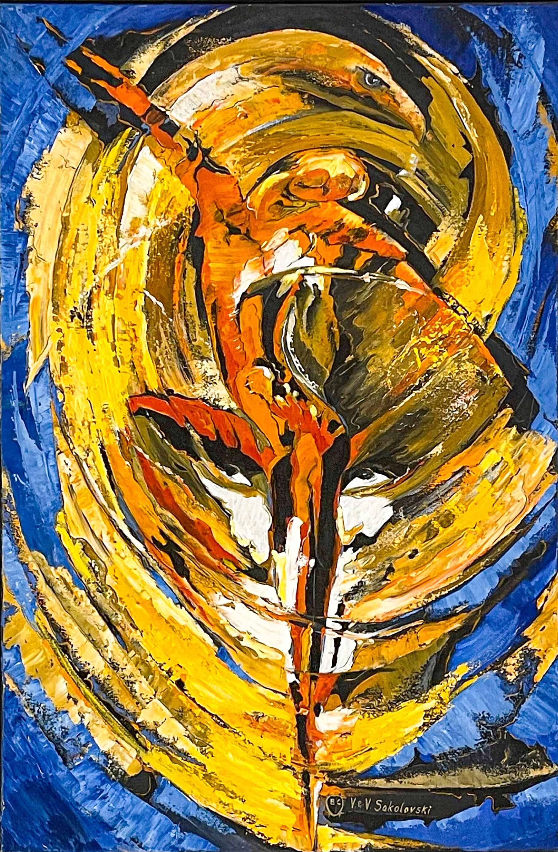 Valeri Sokolovski Eagle Dance abstract symbolic eagle and human face oil painting