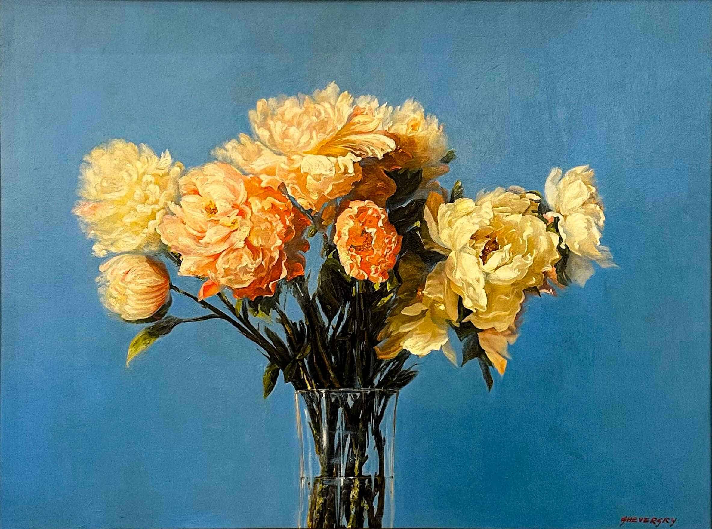 Contemporary art. Title: Peonies, Oil on Canvas, 30 x 40 in by Canadian artist Alexander Sheversky.