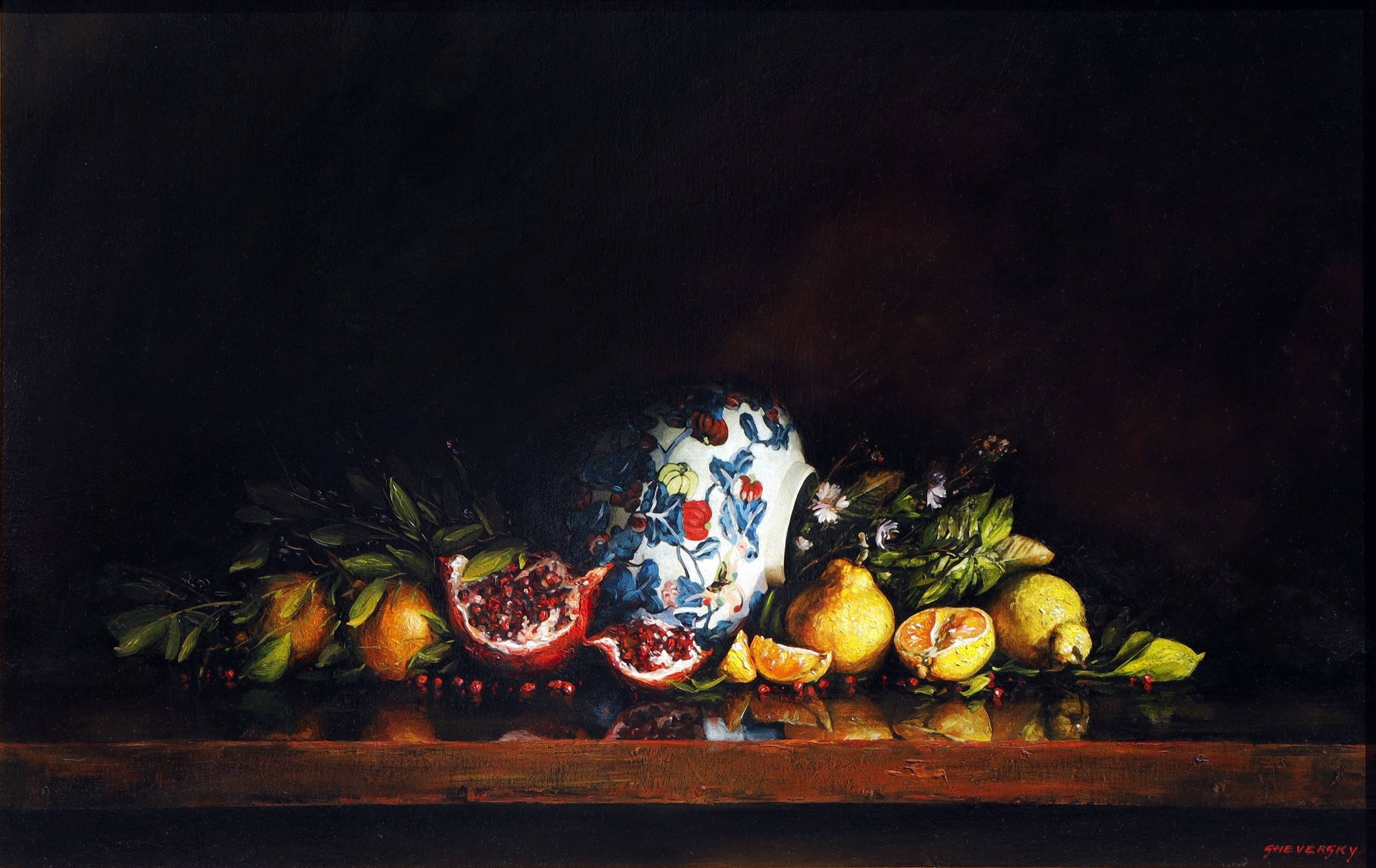 "Chinese Vase" by Alexander Sheversky – 28x44 inch oil on canvas still life painting with a floral porcelain vase, pomegranates, lemons, oranges, and greenery against a dark background.