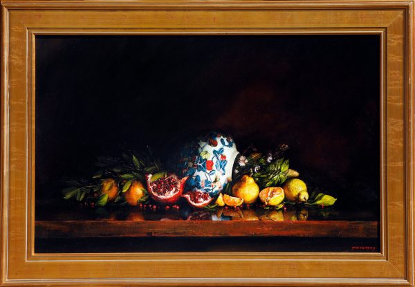 "Chinese Vase" by Alexander Sheversky – 28x44 inch oil on canvas still life painting with a floral porcelain vase, pomegranates, lemons, oranges, and greenery against a dark background.