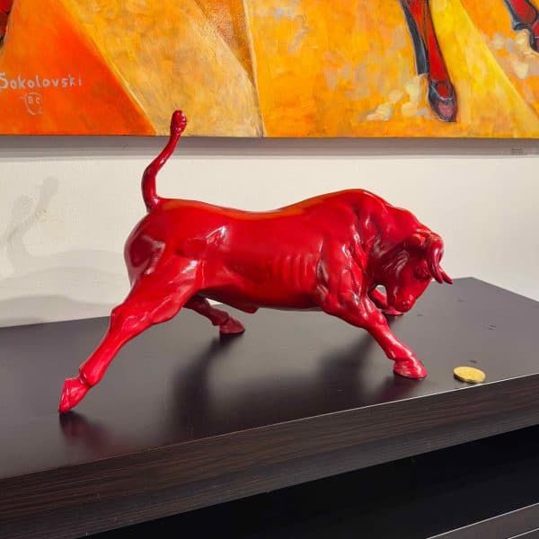 Contemporary Sculpture. Title: Fortune Red Bull, Original Resin Sculpture, 22x11x14.5 in by Valeri Sokolovski.