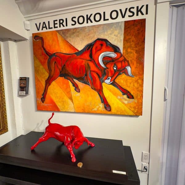 Contemporary Sculpture. Title: Fortune Red Bull, Original Resin Sculpture, 22x11x14.5 in by Valeri Sokolovski.