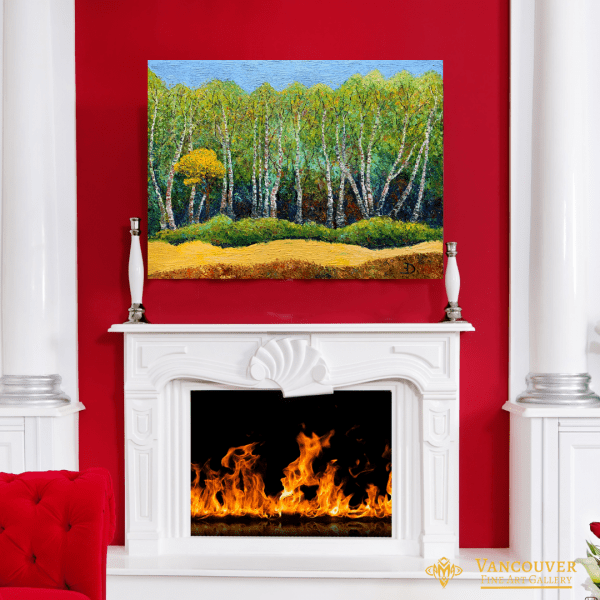 Anastasia Fedorova- A Sunny Dream of the Forest Full of Birches-Original Oil 30x40 Painting above fireplace