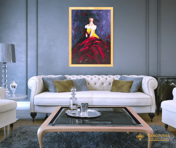Painting on the living room wall. Title: Lady in Red, original Oil 40"x30" by Alexander Sheversky. portrait