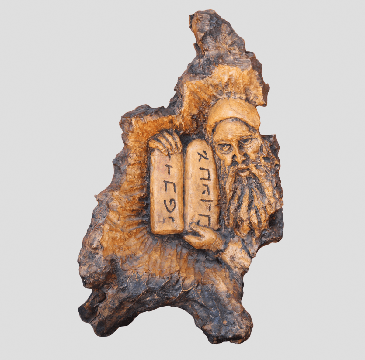 Ezra Ben-Joseph (1935) The Ten Commandments Wood Carving Sculpture 16Wx13Dx25H