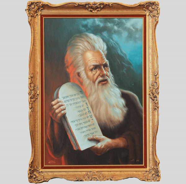 Natan Berler (1912-1986) The Ten Commandments Original Oil Painting 28x19 Inches Framed