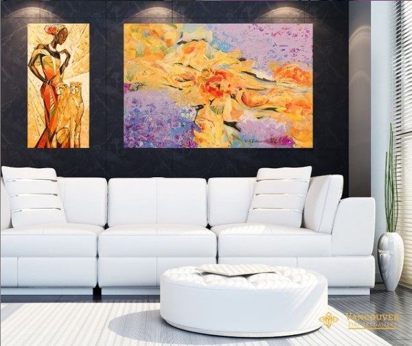 Contemporary Painting on the living room wall. Title: Golden Sun & Golden Flow by artist Valeri Sokolovski. Lady with Lions, Abstract.