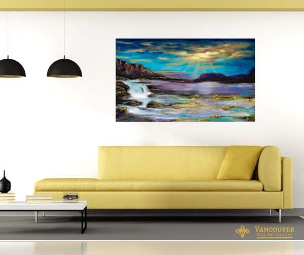 Painting on the wall. Title: La Belle L.E 36"X60" by Holly Bromley. Ocean, Sun with mountain.