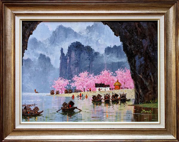 Landscape Painting. Title: Peach Blossom Cave, Oil Painting 18x24 inches- Contemporary Artist Uncle Zeng