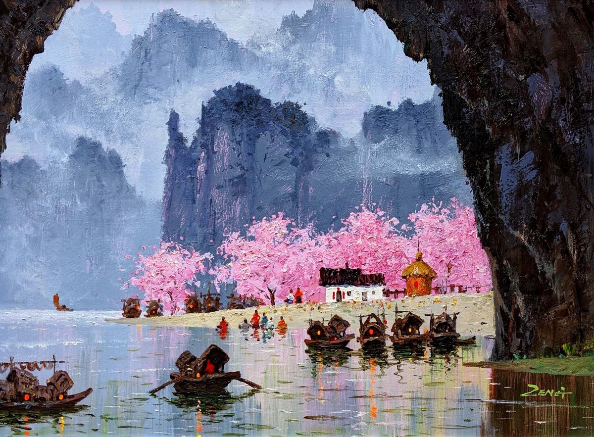 Landscape Painting. Title: Peach Blossom Cave, Original Oil 18x24 inches by Contemporary Canadian Artist Uncle Zeng.