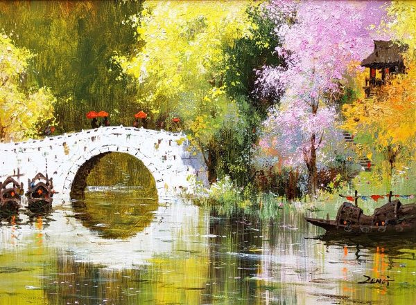 Landscape Painting. Title: White Jade Bridge, Oil 18x24 inches by Contemporary Artist Uncle Zeng.