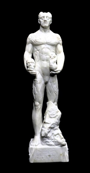 Stone Sculpture. Title: Allegory of Sculpture, Italian Carrara Marble 25 inches by Artist Valeri Sokolovski.