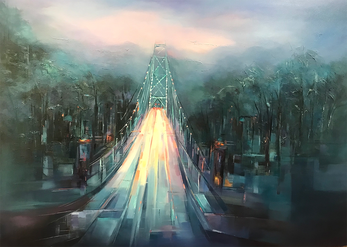 Infinity by Farahnaz Samari, oil painting of Vancouver Lions Gate Bridge with glowing perspective and misty atmospheric light.