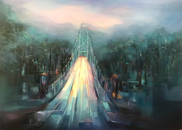 Cityscape painting by artist Farahnaz Samari, Infinity-Original Oil 36x48, Capture Vancouver Lions Gate bridge view.
