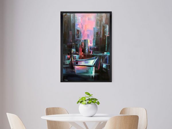 Cityscape painting by Farahnaz Samari, title: City Night, oil on canvas, 36 x 24 in, Vancouver city night view.