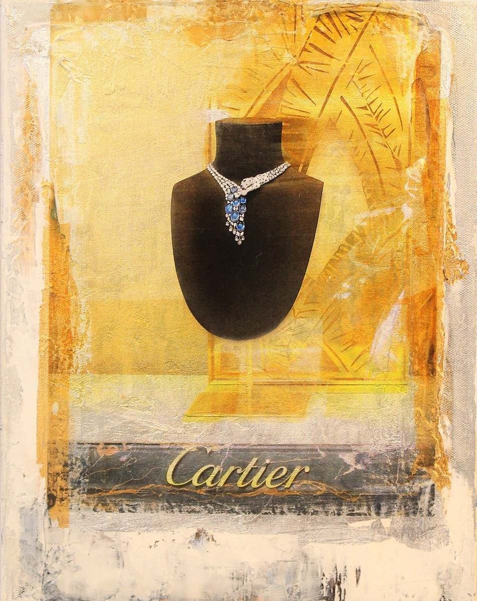 Original Painting, Title: Cartier, mixed media 14"x11" by Janice Mclean, Cartier necklaces