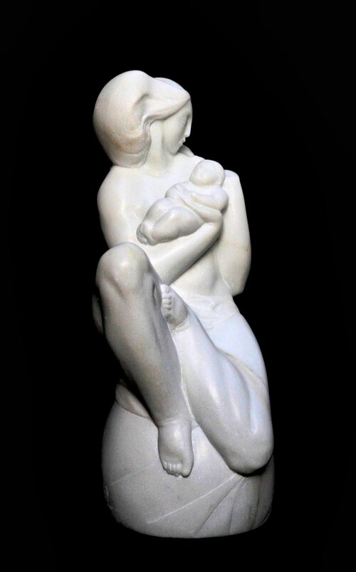 Italian Carrera Marble Sculpture, Title: New Life, 25 Inches, Artist: Valeri Sokolovski.