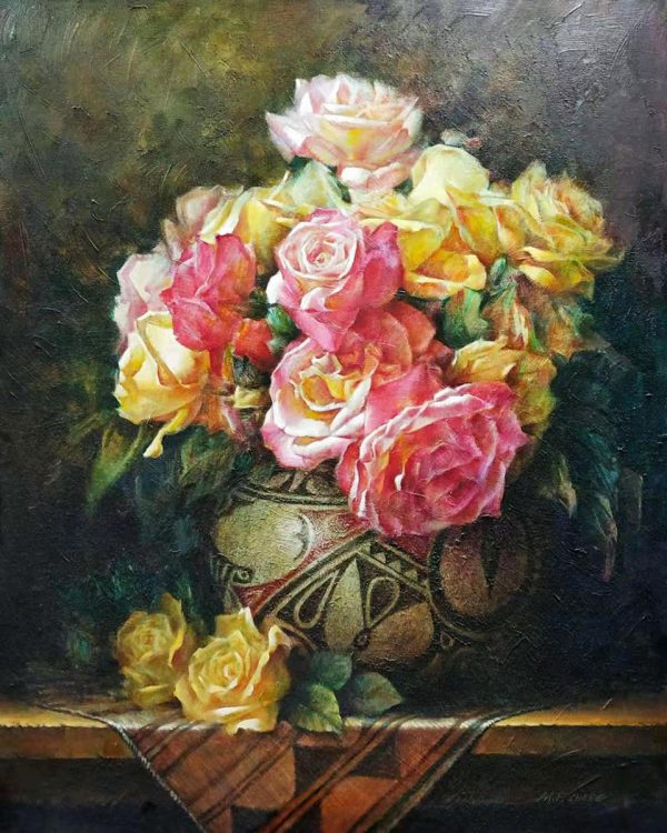 Stephen Man-Fai Cheng-Peaceful Moment-Original Oil-30x24-Pink and Yellow Roses in A Vase