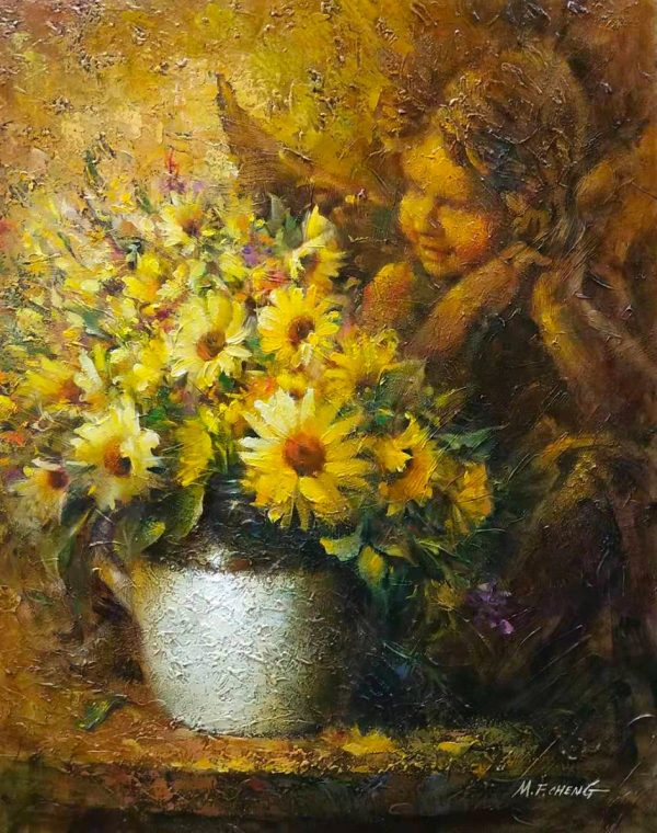 Stephen Man-Fai Cheng-Time Pass-Original-Oil Painting-30x24 Chrysanthemum in a Vase with Angel