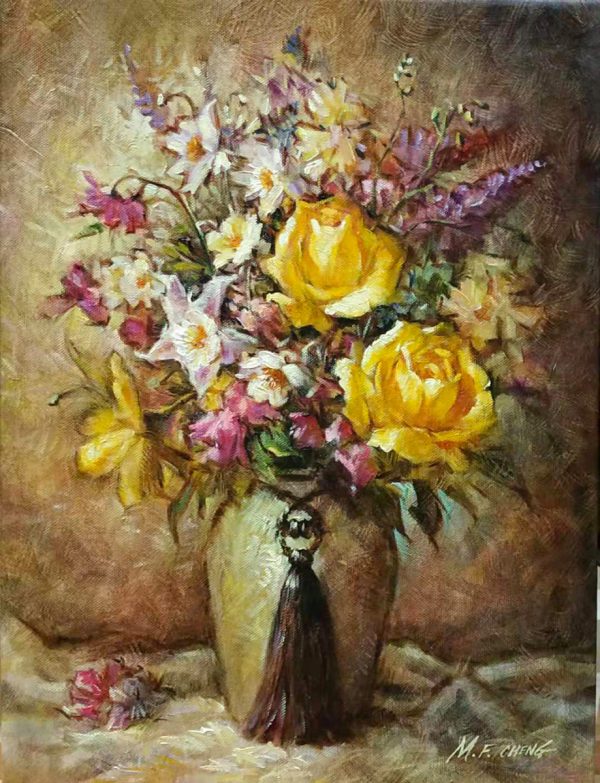 Stephen Man-Fai Cheng-Yellow Roses-Original Oil Painting-16x12 Yellow Roses, Chrysanthemums & Pink flowers in a Vase