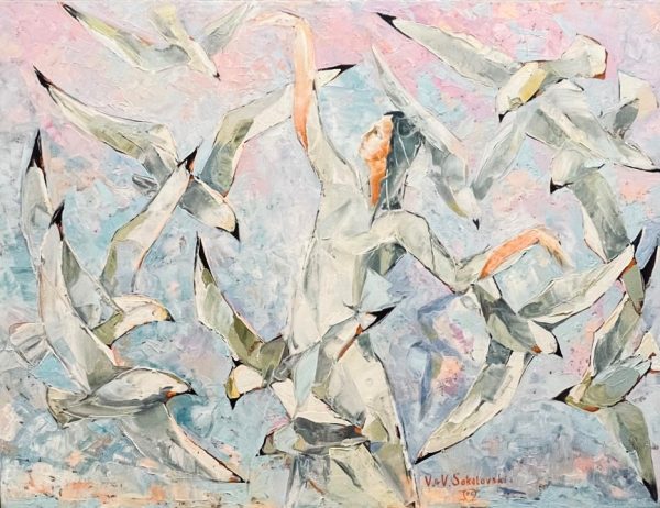 Cubism Painting. Title: Gull, Original Oil on Canvas 30x40 inches by artist Valeri Sokolovski. Abstract Art.