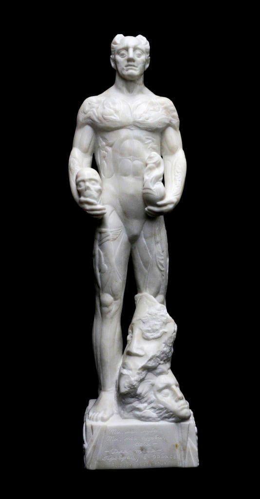 Valeri Sokolovski, Allegory of Sculpture, Italian Carrara marble, 35 × 9 × 7.5 in, classical male figurative sculpture.