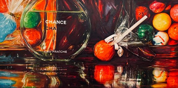 Contemporary Painting. Title: Sweet Chanel, Original Oil 36x60 inches. Chanel Perfume and Candy Painting.