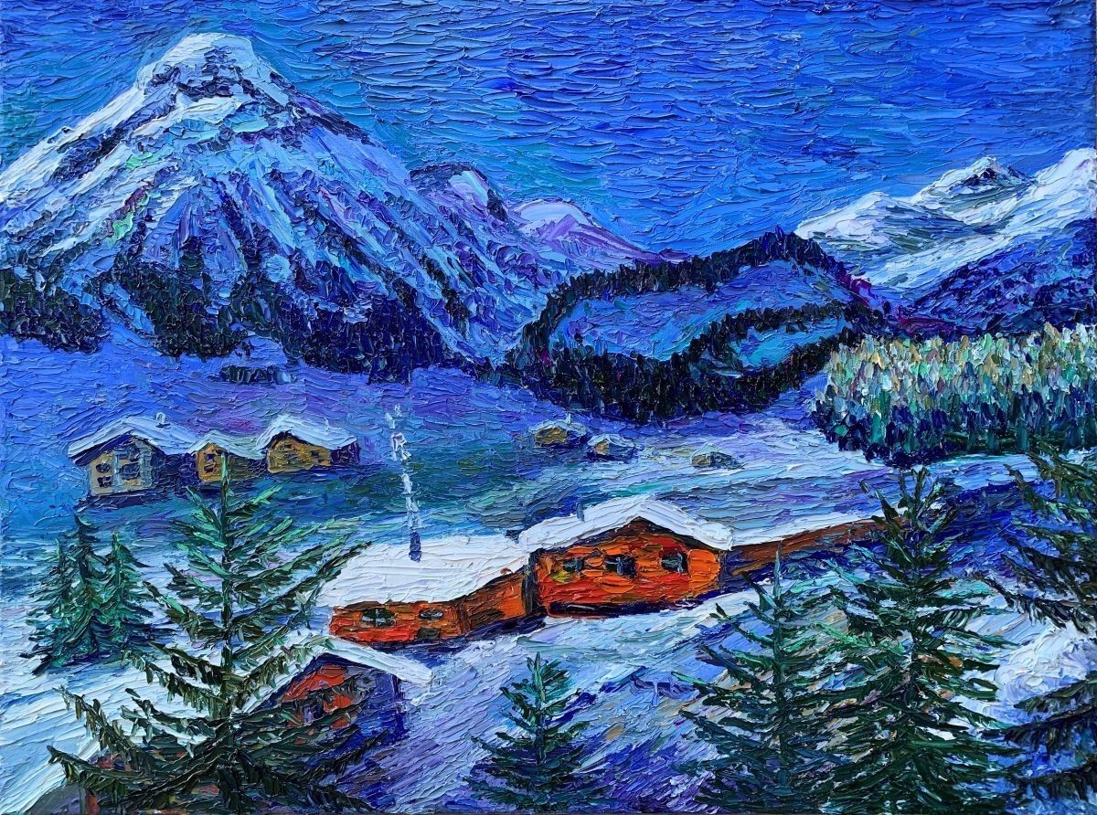Contemporary Landscape Painting. Title: Joyful Winter in Whistler-Original Oil on Canvas-24x32 inches by Anastasia Fedorova.