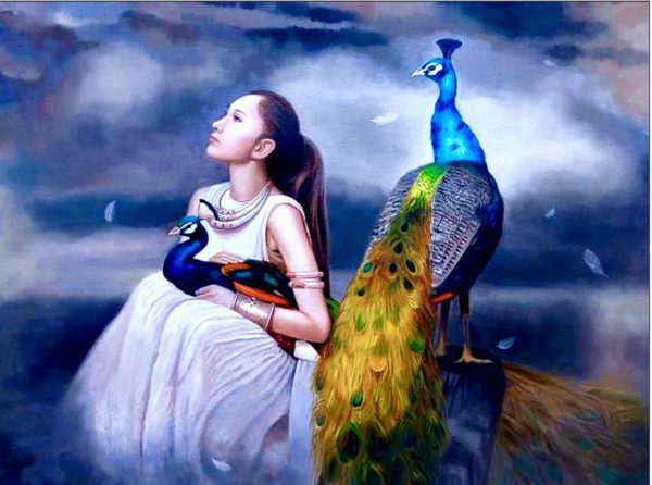 Figurative Painting. Title: Before the Rain, Original Oil-47x50 inches by Canadian artist Cecilia Aisin-Gior. Girl with Peacocks.