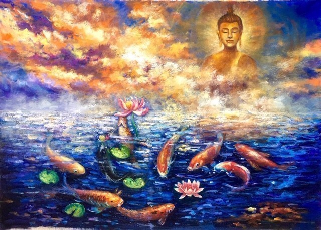 Contemporary Painting. Title: Night Fishes, Original Oil- 35x40 inches by Canadian artist Cecilia Aisin-Gioro. Lucky Fishes, Buddha.