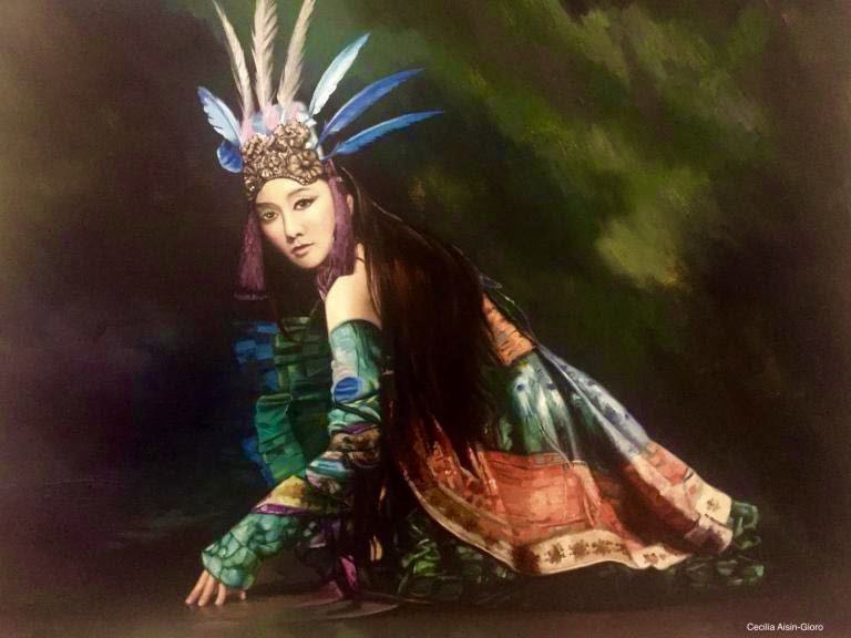 Portrait Painting. Title: Stage-1, Original Oil-32x59 inches by Canadian artist Cecilia Aisin-Gioro. Woman Dancer.