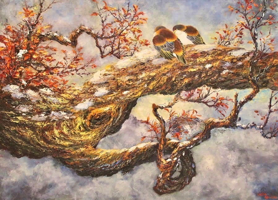 Landscape Painting. Title: Winter Birds, Original Oil-33x54 inches by Canadian artist Cecilia Aisin-Gioro.