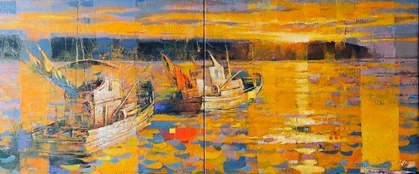 Landscape Painting. Title: Departure (Diptych), Original Oil-22x52 inches by artist Senlin Gui. West Coast, Boats.