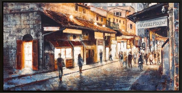 Cityscape Painting. Title: Ponte Vecchio, Acrylic on Canvas, 18x36 in by Contemporary Canadian Artist Janice McLean.