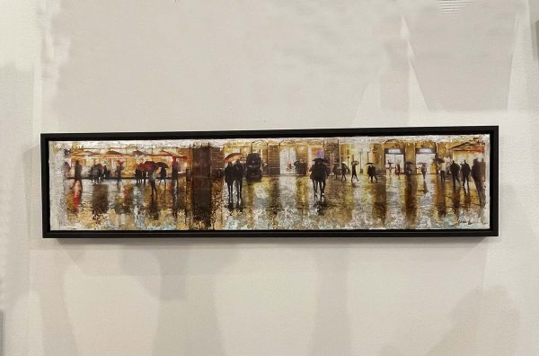 Cityscape painting. Title: Florence in the Rain, Acrylic & M/M 10x48 inches by Contemporary Canadian artist Janice McLean.