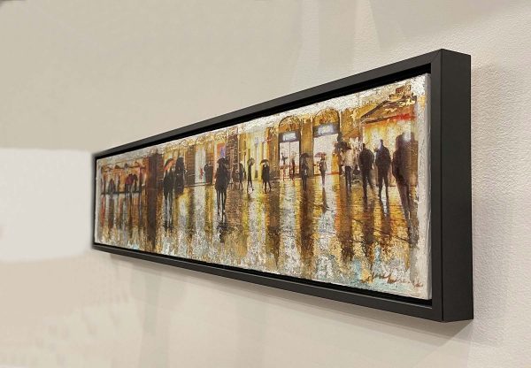 Cityscape painting. Title: Florence in the Rain, Acrylic & M/M 10x48 inches by Contemporary Canadian artist Janice McLean.