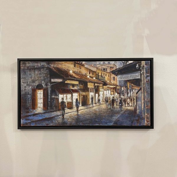 Cityscape Painting. Title: Ponte Vecchio Acrylic 18x36 inches by Contemporary Canadian Artist Janice McLean.