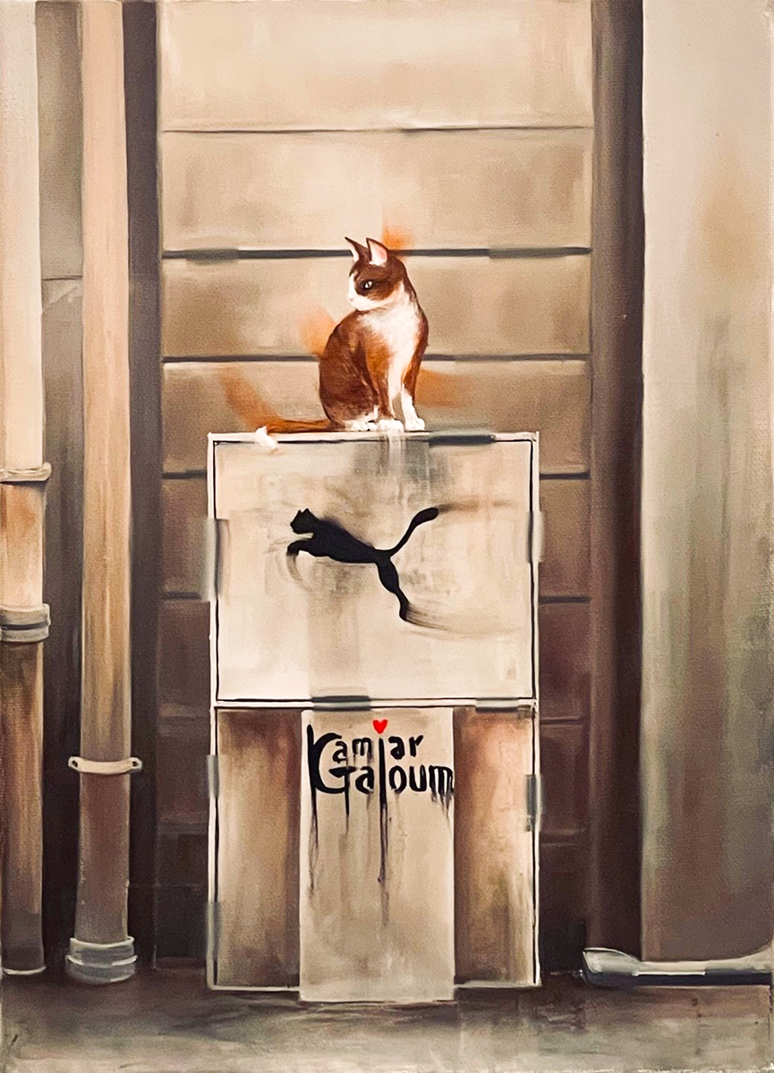 Contemporary Painting. Title: Cat, Original Oil 14x10 inches by Contemporary Canadian Artist Kamiar Gajoum.