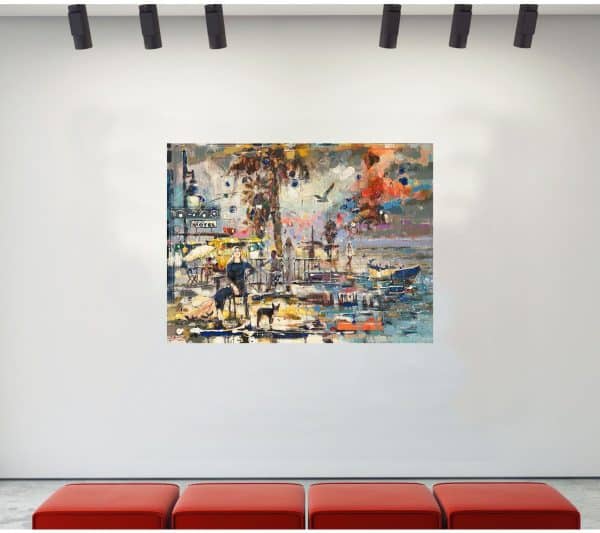 Contemporary art. Title: At Marina Motel, Mixed Media 30x40 inches by Canadian artist Victor Nemo.