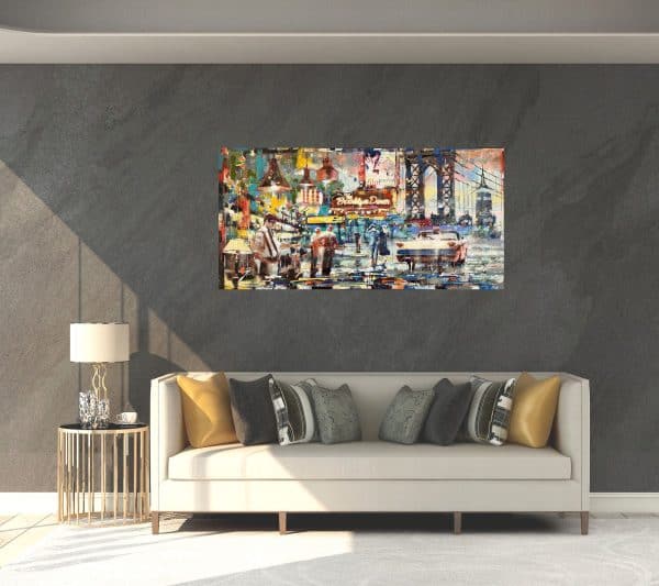 Contemporary art. Title: NY Film Festival, 30 x 60 in Mixed Media on canvas by Canadian artist Victor Nemo.