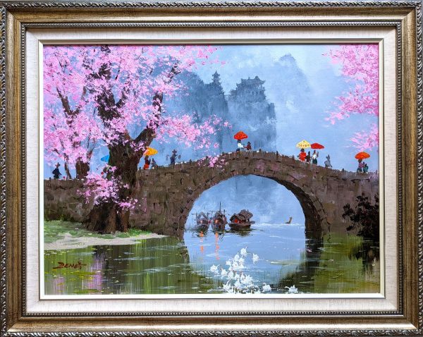Landscape Painting. Title: Blossom Bridge, Original Oil 18x24 inches by Contemporary Canadian Artist Uncle Zeng.