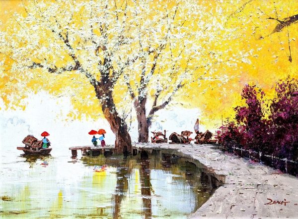 Landscape Painting. Title: Yellow Tree Ferry Original Oil 18x24 inches by Contemporary Canadian Artist Uncle Zeng.