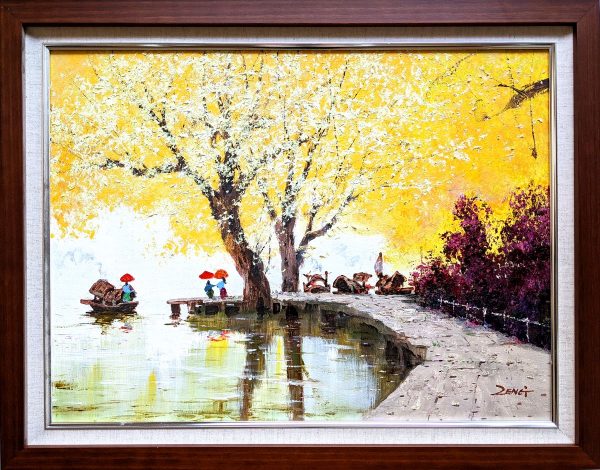 Landscape Painting. Title: Yellow Tree Ferry Original Oil 18x24 inches by Contemporary Canadian Artist Uncle Zeng.