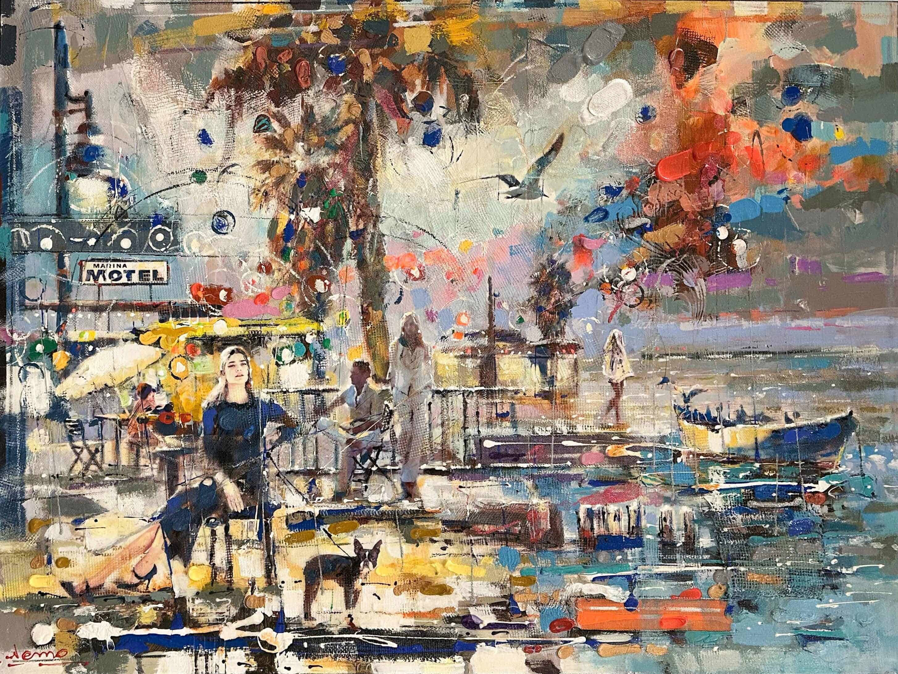 Contemporary art. Title: At Marina Motel, Mixed Media 30x40 inches By Canadian artist Victor Nemo.