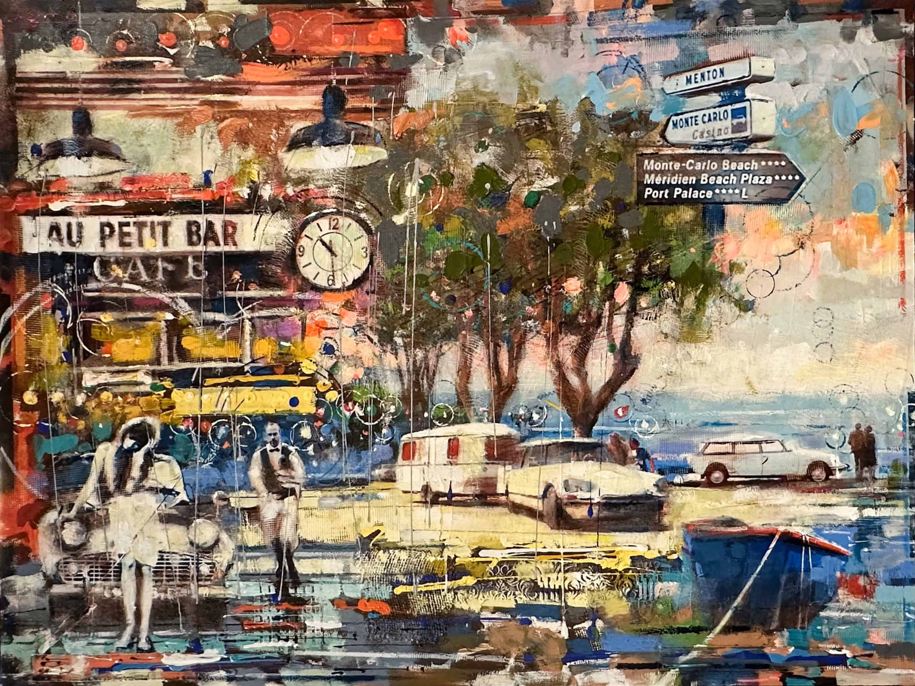 Contemporary art. Title: At Petit Bar Cafe at 10:29 PM, 36 x 48 in, Mixed Media on canvas by Canadian artist Victor Nemo.